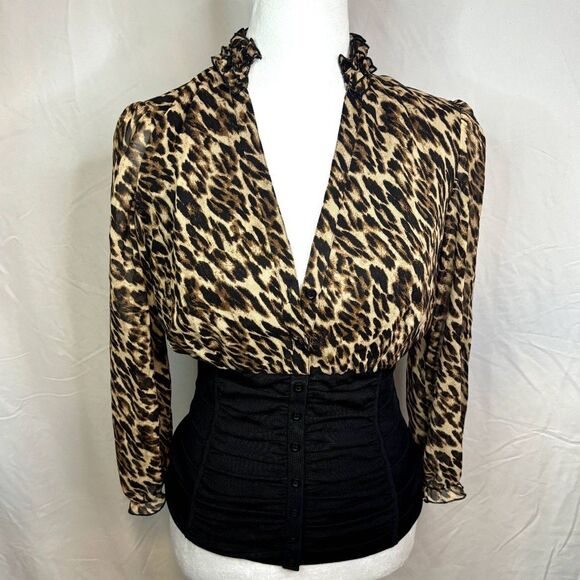 INC Animal Print Satin Ruffled Jacquard Blouse Spandex Long Sleeve Top Women NWT - Picture 1 of 9